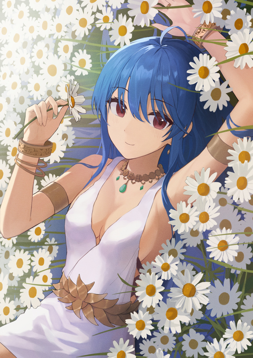 1girl absurdres ahoge armlet bare_shoulders blue_hair breasts brown_eyes cleavage commentary_request dress earrings field flower flower_field gold_bracelet gold_choker greco-roman_clothes hair_between_eyes highres holding holding_flower jewelry long_hair looking_at_viewer lying mimihachi on_back original outdoors ring sidelocks sleeveless sleeveless_dress smile very_long_hair white_dress white_flower