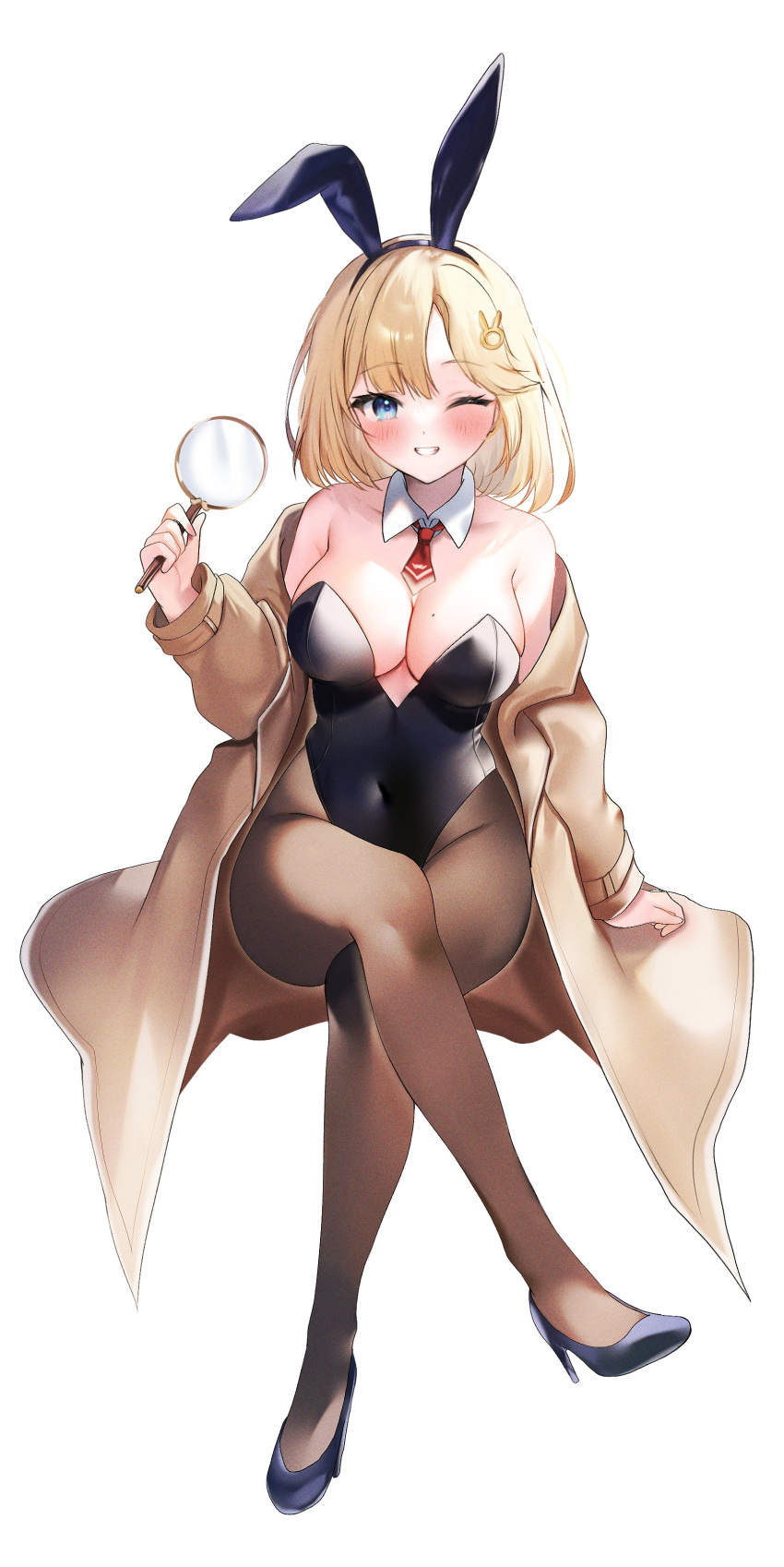 1girl absurdres alternate_costume animal_ears black_leotard blonde_hair blue_eyes blue_footwear blush breasts brown_coat brown_pantyhose cleavage coat commentary covered_navel crossed_legs detached_collar fake_animal_ears full_body high_heels highres holding holding_magnifying_glass hololive hololive_english large_breasts leotard long_coat looking_at_viewer magnifying_glass maru_ccy mole mole_on_breast necktie one_eye_closed pantyhose parted_bangs playboy_bunny rabbit_ears red_necktie short_necktie simple_background sitting smile solo strapless strapless_leotard symbol-only_commentary virtual_youtuber watson_amelia white_background