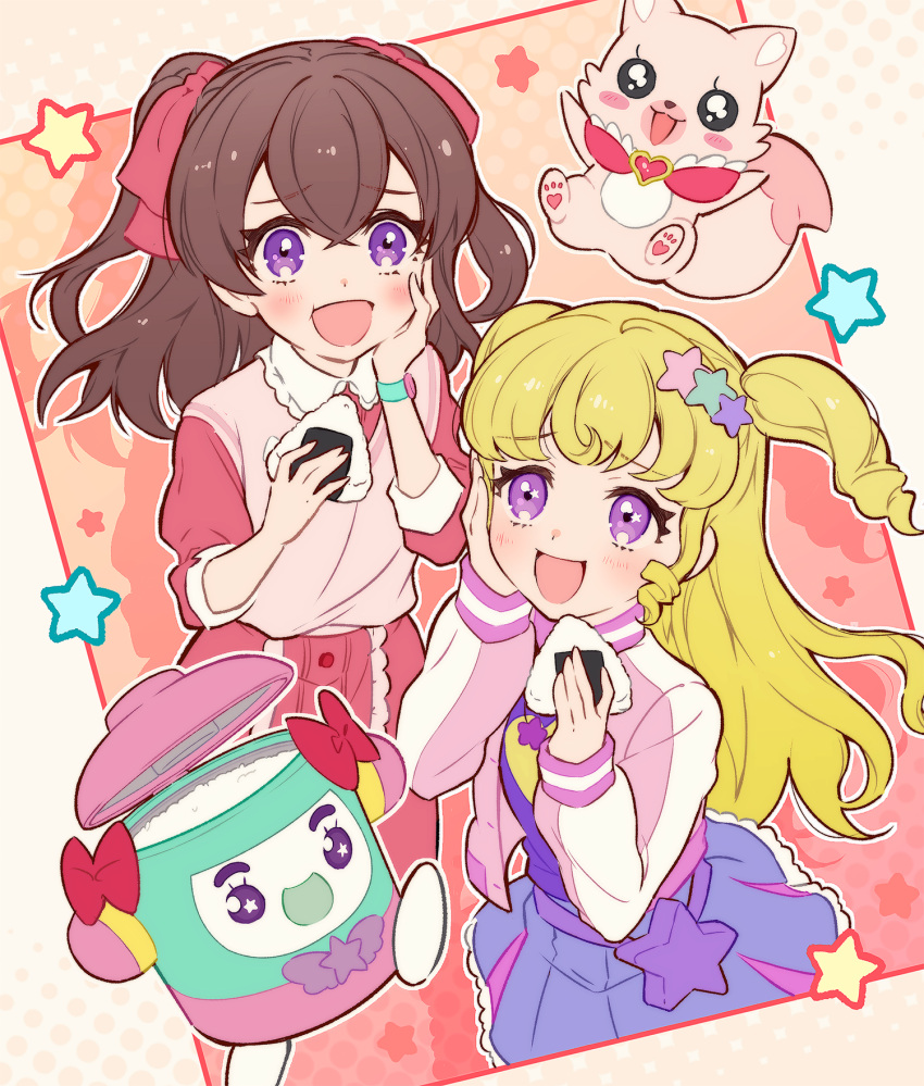 2girls :d blonde_hair bow brown_hair commentary_request cowboy_shot crossover delicious_party_precure food hair_bow hair_ornament hair_ribbon hand_on_own_cheek hand_on_own_face hands_up highres holding holding_food idol_time_pripara jacket kome-kome_(precure) long_hair long_sleeves looking_at_viewer multiple_girls nagomi_yui name_connection onigiri open_mouth pink_jacket pink_skirt pink_sweater_vest precure pretty_series pripara purple_eyes purple_shirt purple_skirt renkon_(renrenrenkonkon) ribbon rice rice_cooker ringlets shirt skirt smile standing star_(symbol) star_hair_ornament sweater_vest takki_(pripara) trait_connection two_side_up yumekawa_yui