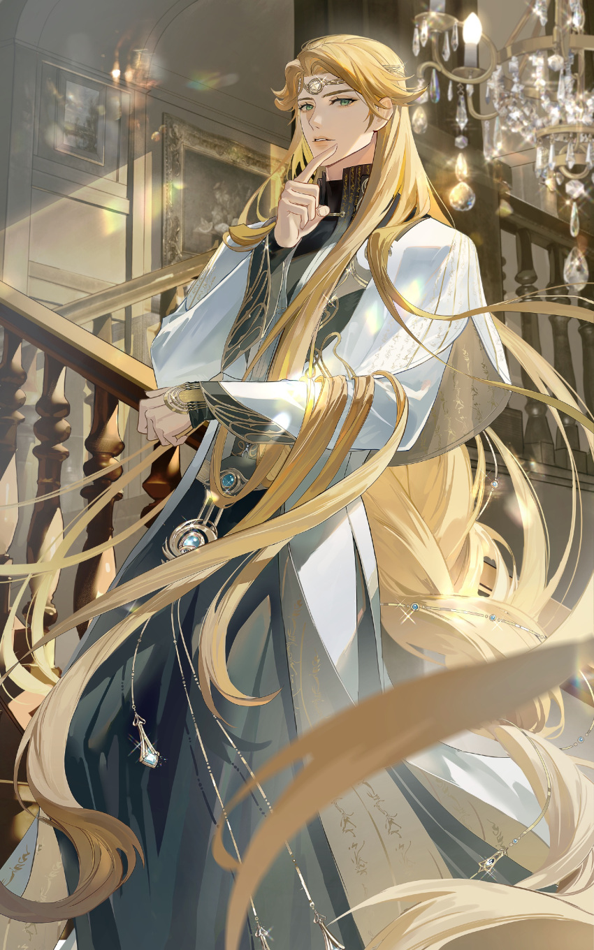 1boy absurdres black_shirt blonde_hair blue_gemstone braid capelet chandelier charm_(object) circlet coat feet_out_of_frame finger_to_own_chin gem green_eyes green_robe guaisen hair_flowing_over helix_waltz_2 highres indoors long_hair long_sleeves looking_at_viewer low-braided_long_hair male_focus painting_(object) parted_bangs picture_frame robe shirt single_braid solo stairs standing very_long_hair white_capelet white_coat