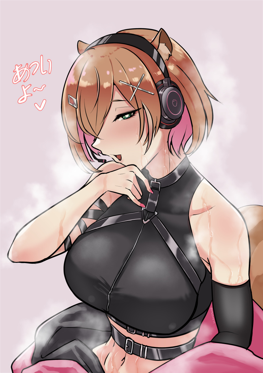 1girl abs absurdres animal_ears ayunda_risu ayunda_risu_(cyberpunk) bare_shoulders belt blush breasts brown_hair collarbone colored_inner_hair commentary detached_sleeves english_commentary eyelashes fingernails green_eyes hair_ornament hair_over_one_eye hand_to_own_mouth headset highres hololive hololive_indonesia hot large_breasts looking_at_viewer midriff multicolored_hair navel official_alternate_costume open_mouth pink_background pink_nails sakino_yumeko short_hair simple_background single_detached_sleeve sleeveless squirrel_ears squirrel_tail steam steaming_body sweat tail translation_request unworn_clothes upper_body virtual_youtuber