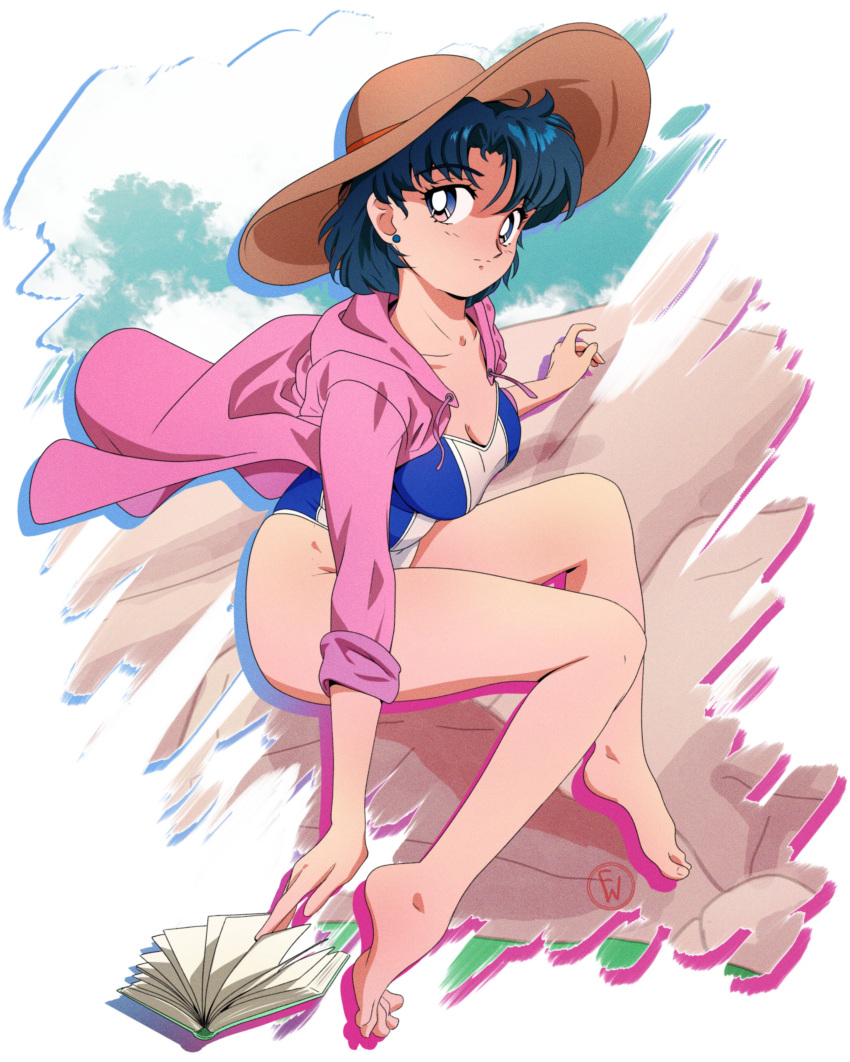 1girl absurdres animal_ears barefoot bishoujo_senshi_sailor_moon blue_hair blue_one-piece_swimsuit book breasts feet fritz_willie full_body hat highres legs mizuno_ami official_alternate_costume one-piece_swimsuit short_hair solo swimsuit
