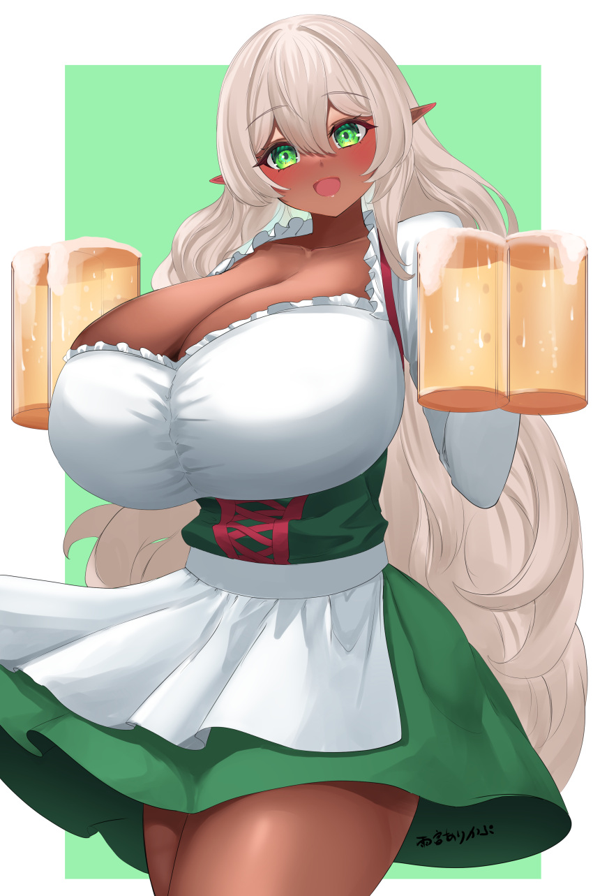 1girl :d absurdres alcohol amemiya_arikapu beer beer_mug blush breasts cleavage cup dark-skinned_female dark_elf dark_skin dirndl elf german_clothes green_background green_eyes highres holding holding_cup huge_breasts long_hair long_pointy_ears mug open_mouth original pointy_ears signature simple_background smile solo thighs very_long_hair white_hair