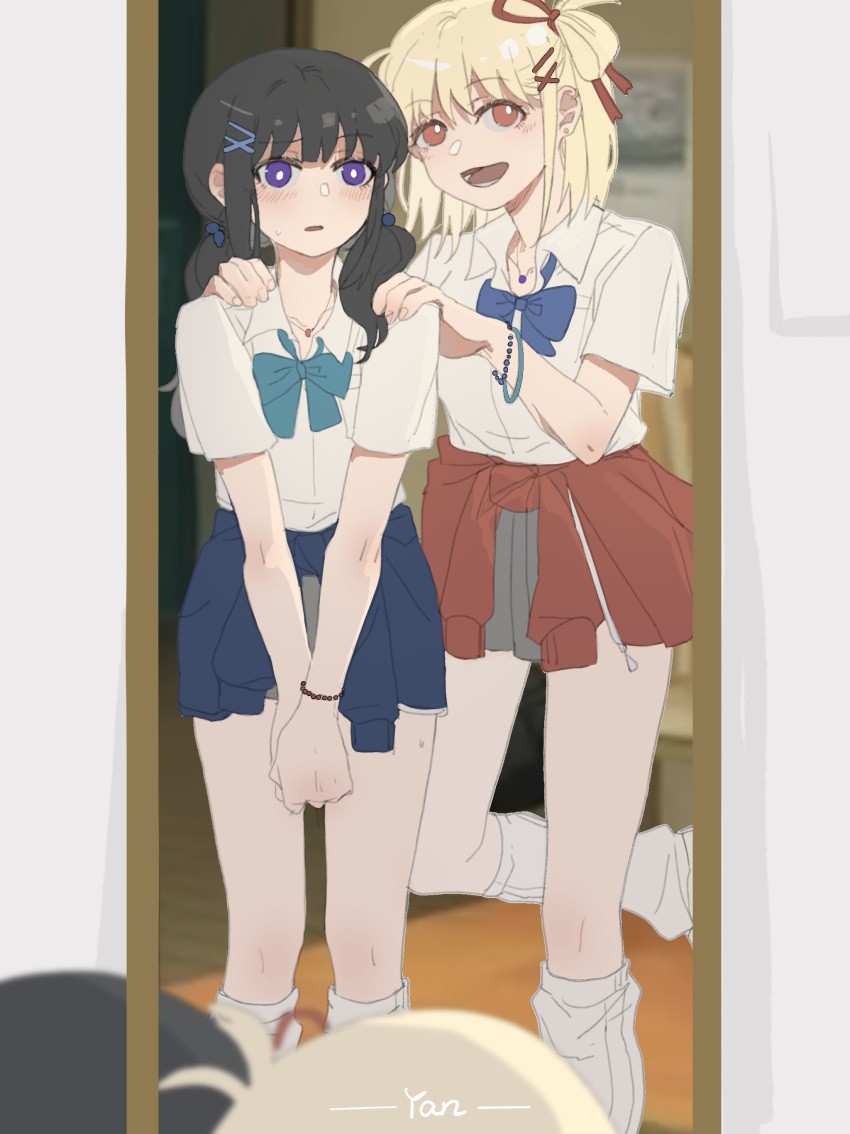 2girls absurdres black_hair blue_bow blue_bowtie blush bow bowtie bracelet bright_pupils chinese_commentary clothes_around_waist collared_shirt commentary_request ear_piercing grey_skirt hair_ornament hair_ribbon hairclip hands_on_another's_shoulders highres indoors inoue_takina jacket jacket_around_waist jewelry long_hair loose_socks lycoris_recoil mirror multiple_girls necklace nishikigi_chisato one_side_up open_mouth parted_lips piercing pleated_skirt purple_eyes red_eyes red_ribbon reflection ribbon school_uniform shirt short_sleeves skirt smile socks sweatdrop twintails white_pupils white_shirt white_socks yanlingjinshilihuahua