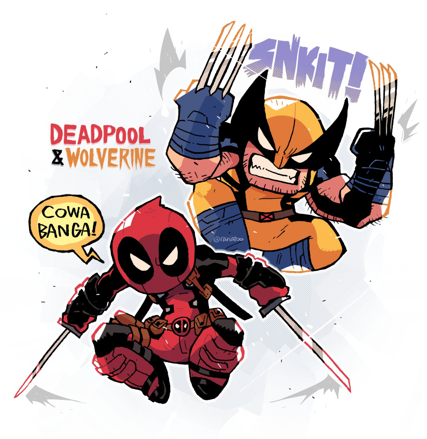 2boys absurdres angry belt blue_footwear blue_gloves bodysuit book boots brown_belt claws clenched_teeth deadpool deadpool_&amp;_wolverine deadpool_(series) dual_wielding english_text gloves grey_eyes highres holding holding_sword holding_weapon katana looking_at_another male_focus manga_(object) manly marvel marvel_cinematic_universe mask multiple_boys muscular muscular_male nose parody rariatto_(ganguri) reading red_bodysuit red_footwear red_gloves red_mask simple_background solo solo_focus spandex superhero sword teeth thigh_strap weapon white_background wolverine x-men yellow_bodysuit