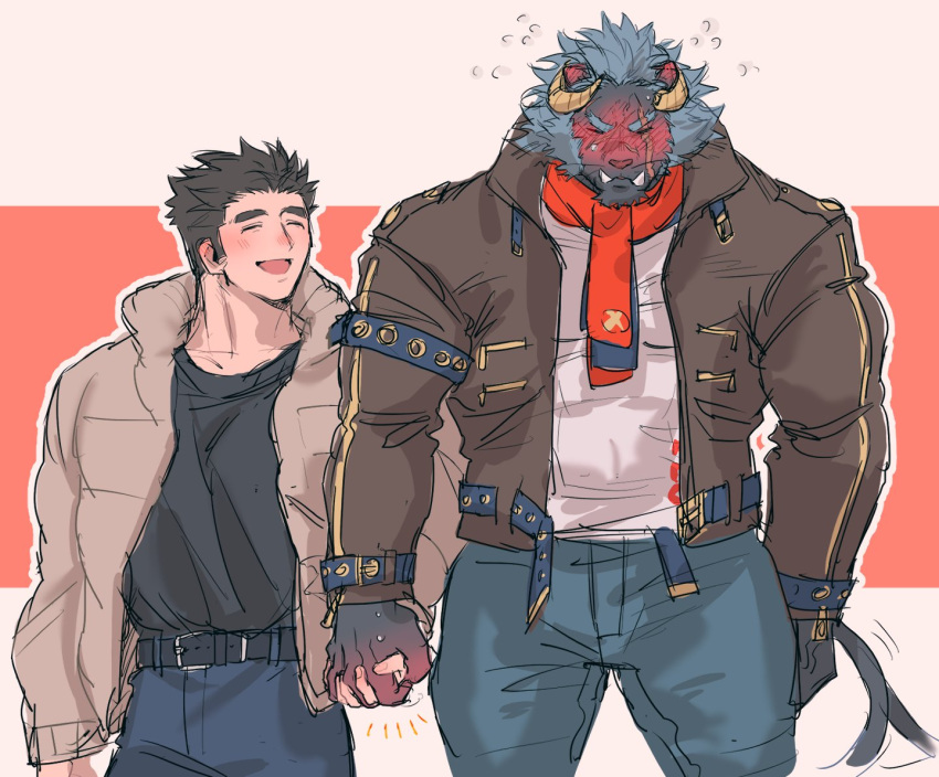 anthro blush brown_hair clothing duo embarrassed fur grey_body grey_fur grey_hair hair hand_holding hitori_ox human human_on_anthro interspecies jacket jock_protagonist_(tas) krampus_(housamo) lifewonders male male/male mammal monster muscular muscular_anthro muscular_human romantic romantic_couple scarf tokyo_afterschool_summoners topwear