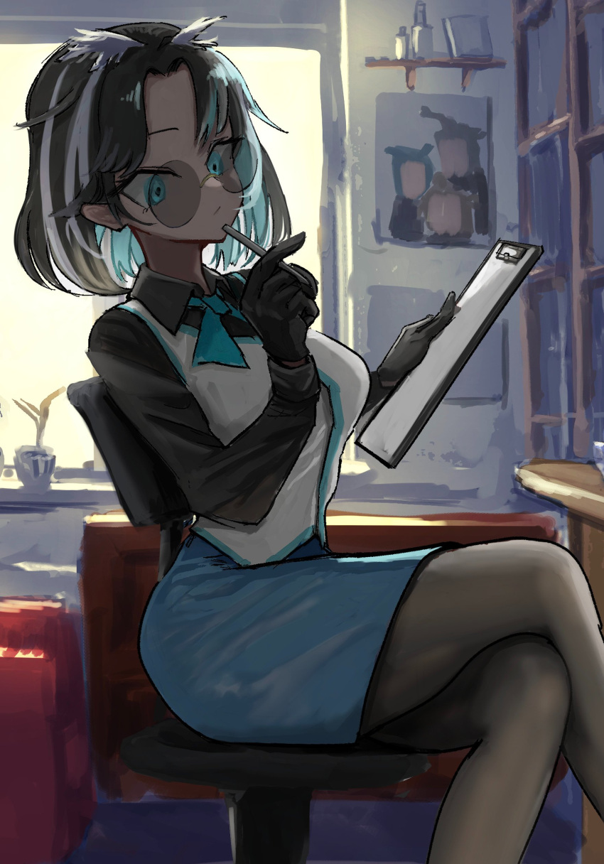 1girl absurdres black_gloves black_hair black_pantyhose black_shirt blue_bow blue_bowtie blue_eyes blue_hair blue_skirt bow bowtie breasts chair clipboard closed_mouth collared_shirt commentary_request crossed_legs expressionless feet_out_of_frame glasses gloves highres holding holding_clipboard holding_pen indoors medium_bangs medium_breasts multicolored_hair nanashi_inc. office_chair office_lady oura_rukako oura_rukako_(1st_costume) pantyhose parted_bangs pen pencil_skirt pointy_ears reading rimless_eyewear round_eyewear shelf shirt short_hair sitting skirt solo swivel_chair vest virtual_youtuber wasabifu white_hair white_vest