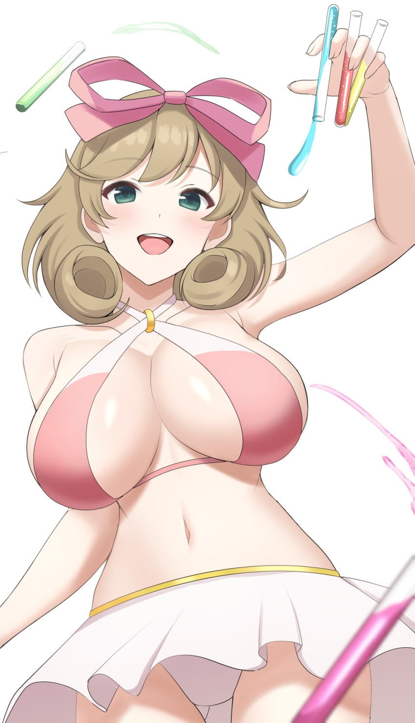 1girl arm_up armpit_crease ass_visible_through_thighs bikini bikini_skirt blush bow breasts chemicals cleavage collarbone criss-cross_halter curly_hair fingernails green_eyes hair_bow halterneck haruka_(senran_kagura) highres holding holding_test_tube huge_breasts light_brown_hair linea_alba looking_at_viewer navel o-ring o-ring_bikini o-ring_top open_mouth pink_bow ribbon senran_kagura senran_kagura_estival_versus senran_kagura_shinovi_versus shiny_skin short_hair simple_background smile solo surippa1010 swept_bangs swimsuit swimsuit_skirt teeth test_tube tongue upper_teeth_only vial white_background