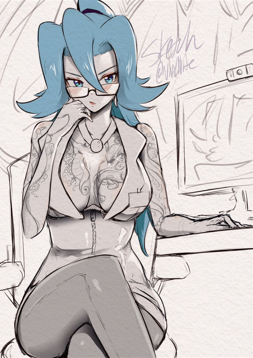 1girl blue_eyes blue_hair blush breast_tattoo breasts clair_(pokemon) cleavage closed_mouth collarbone commentary crossed_legs english_commentary eyelashes eyeshadow glasses hair_between_eyes high_ponytail highres large_breasts looking_at_viewer makeup monitor office_lady on_chair pink_eyeshadow pink_lips pokemon pokemon_hgss sitting sketch solo suit tattoo vialnite zipper zipper_pull_tab