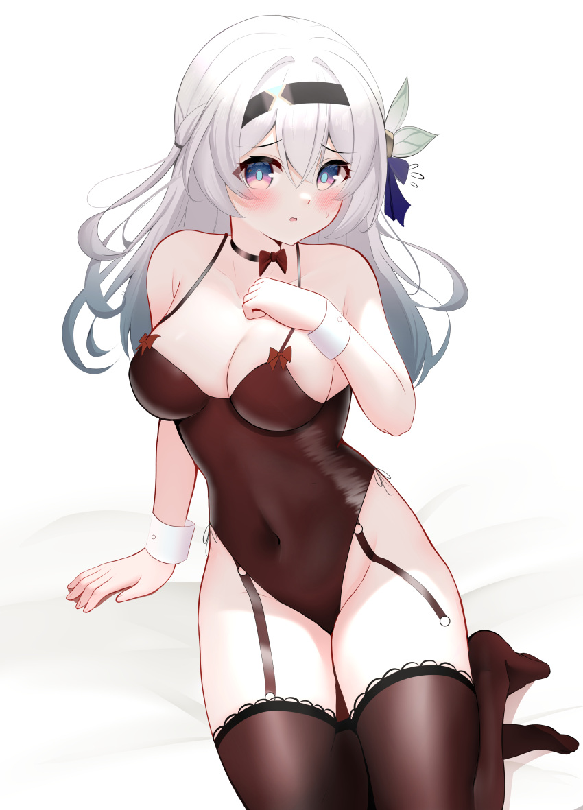 1girl absurdres bare_shoulders black_choker black_hairband black_leotard black_thighhighs blue_eyes blue_hair blue_pupils bow bowtie breasts choker cleavage collarbone covered_navel firefly_(honkai:_star_rail) furrowed_brow garter_straps gradient_hair grey_hair hair_intakes hairband hand_on_own_chest highleg highleg_leotard highres honkai:_star_rail honkai_(series) knosdeba large_breasts leotard long_hair looking_at_viewer multicolored_hair pink_eyes playboy_bunny red_bow red_bowtie sidelocks simple_background sitting solo thighhighs two-tone_eyes white_background white_wrist_cuffs wrist_cuffs yokozuwari