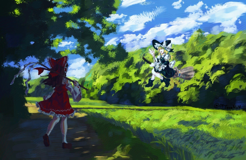 2girls aojirozame1228 black_dress black_footwear blonde_hair boots bow broom broom_riding closed_eyes cloud day detached_sleeves dress facing_another facing_away field forest frilled_bow frilled_hair_tubes frilled_skirt frills gohei grass hair_bow hair_tubes hakurei_reimu hand_up heel_up highres holding holding_gohei kirisame_marisa long_hair multiple_girls nature open_mouth outdoors painterly puffy_sleeves red_bow red_ribbon red_skirt ribbon ribbon-trimmed_sleeves ribbon_trim shade shide shirt shoes sitting skirt sky socks standing teeth touhou tree upper_teeth_only waving white_shirt white_sleeves white_socks