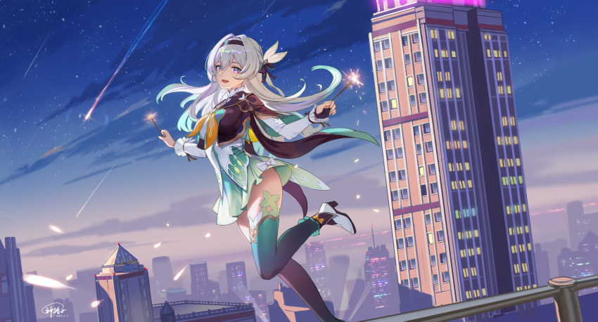 1girl :d absurdres black_hairband black_jacket black_thighhighs blue_eyes blue_sky blue_thighhighs boots building cityscape cloud cloudy_sky collared_shirt cropped_jacket dated firefly_(honkai:_star_rail) fireworks floating_hair from_side god_hunter gradient_legwear green_skirt grey_hair hair_between_eyes hair_intakes hairband high_heel_boots high_heels highres holding_fireworks honkai:_star_rail honkai_(series) jacket long_hair long_sleeves looking_at_viewer neckerchief night night_sky open_mouth orange_neckerchief outdoors pink_eyes pleated_skirt railing shirt shooting_star sidelocks signature skirt sky skyscraper smile solo sparkler spotlight thighhighs two-tone_eyes white_footwear white_shirt zettai_ryouiki