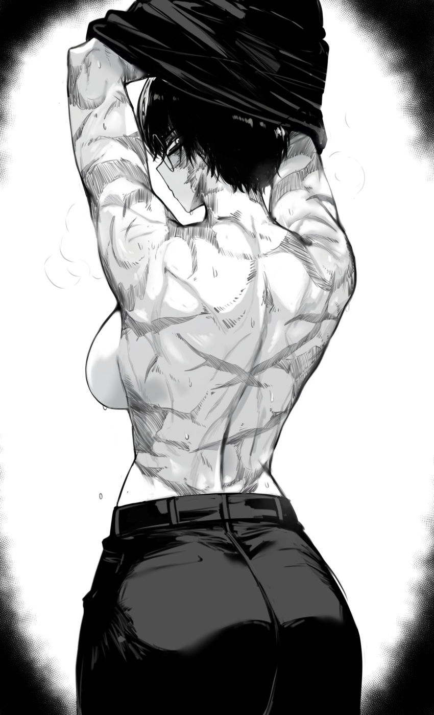 1girl absurdres ass bare_back bare_shoulders black_hair black_pants breasts burn_scar glasses greyscale highres jujutsu_kaisen looking_at_viewer monochrome muscular muscular_female pants scar short_hair solo steaming_body sweat toned undressing zen'in_maki zovokia