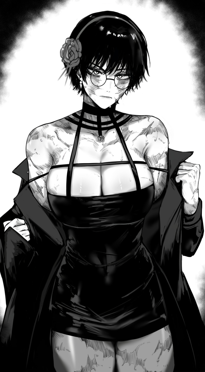 1girl absurdres bare_shoulders breasts cleavage coat cosplay cowboy_shot dress glasses greyscale hairband highres jujutsu_kaisen large_breasts long_sleeves monochrome off_shoulder open_clothes open_coat pencil_dress round_eyewear scar scar_on_arm scar_on_face scar_on_leg short_hair solo spy_x_family standing yor_briar yor_briar_(cosplay) zen'in_maki zovokia