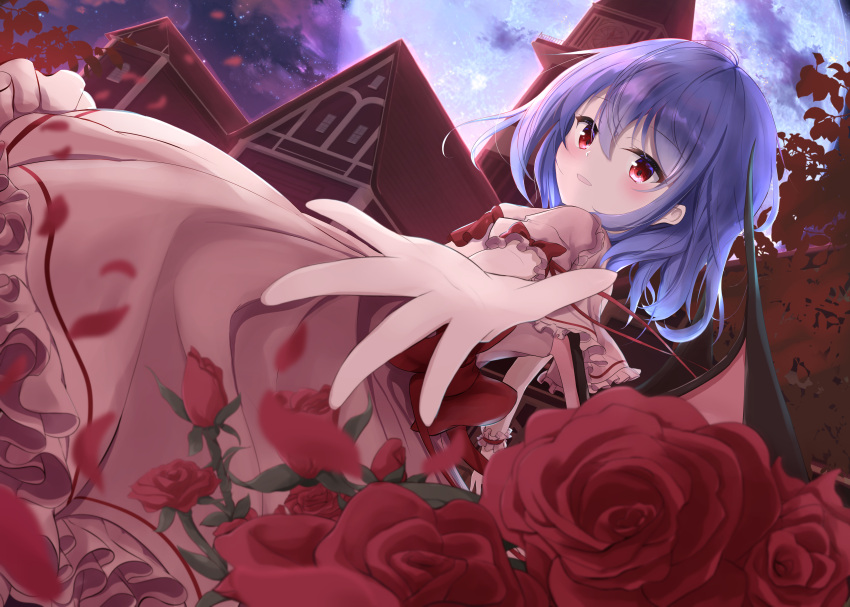 1girl absurdres back_bow bat_wings blue_hair blurry blush bow commentary_request depth_of_field dutch_angle eyelashes falling_petals feet_out_of_frame flower foreshortening frilled_shirt_collar frilled_skirt frilled_sleeves frills from_side full_moon hair_between_eyes highres hoshikage_syo looking_at_viewer mansion medium_hair moon night no_headwear open_mouth outdoors outstretched_arm petals pink_skirt puffy_short_sleeves puffy_sleeves reaching reaching_towards_viewer red_bow red_eyes red_flower red_rose remilia_scarlet rose scarlet_devil_mansion short_sleeves skirt sky sleeve_bow smile solo star_(sky) starry_sky touhou wings