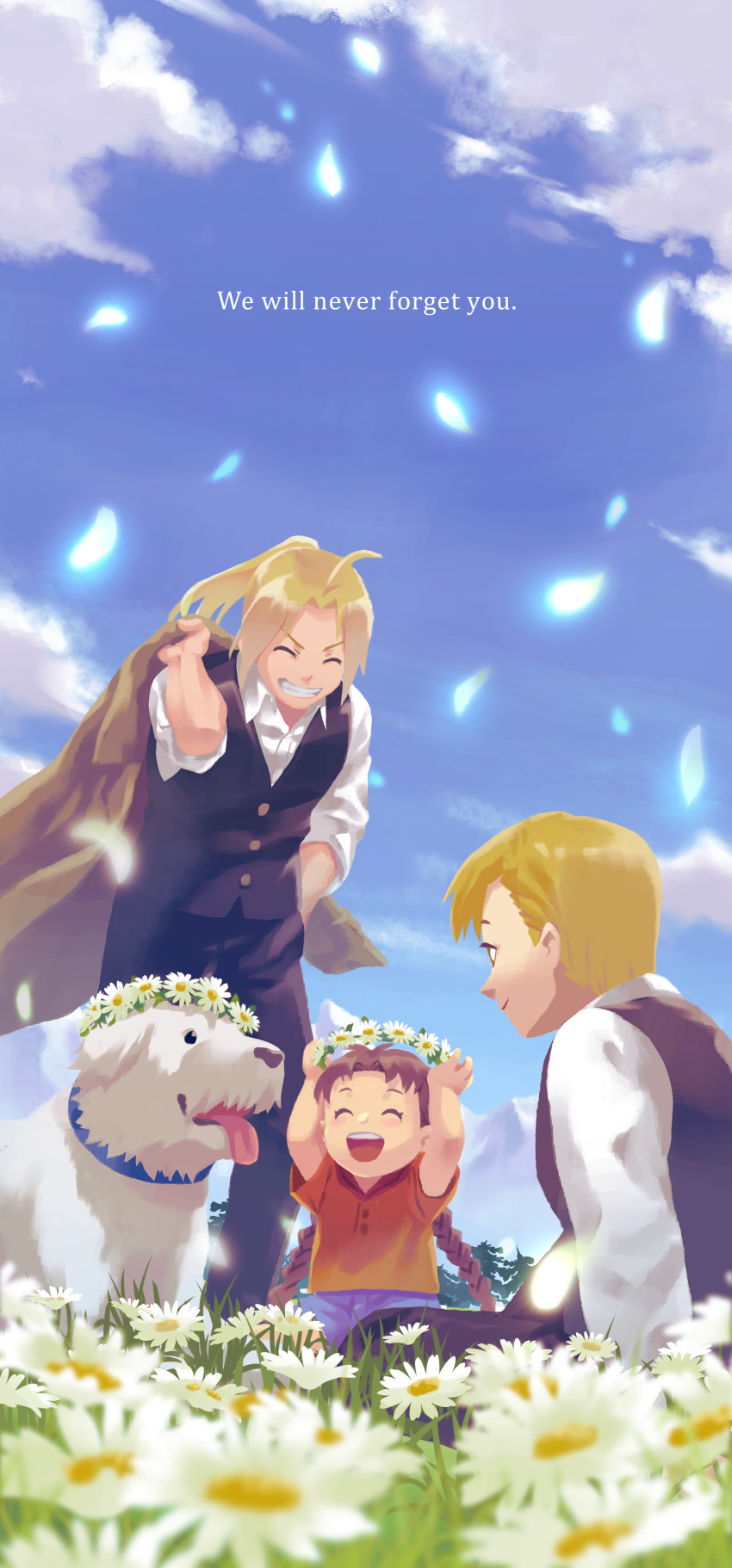 1girl 2boys :d ^_^ absurdres aged_up ahoge alexander_(fma) alphonse_elric arms_up black_vest blonde_hair blurry blush_stickers braid brothers brown_hair child closed_eyes closed_mouth collared_shirt commentary_request day depth_of_field dog edward_elric english_text facing_another falling_petals flower flower_wreath fullmetal_alchemist grass grin happy head_wreath highres looking_at_another low_twin_braids medium_hair multiple_boys nina_tucker on_grass open_mouth outdoors petals ponytail red_shirt shirt short_hair siblings sitting smile spoilers standing teeth tongue tongue_out twin_braids upper_teeth_only v-shaped_eyebrows vest white_flower white_shirt yono_999