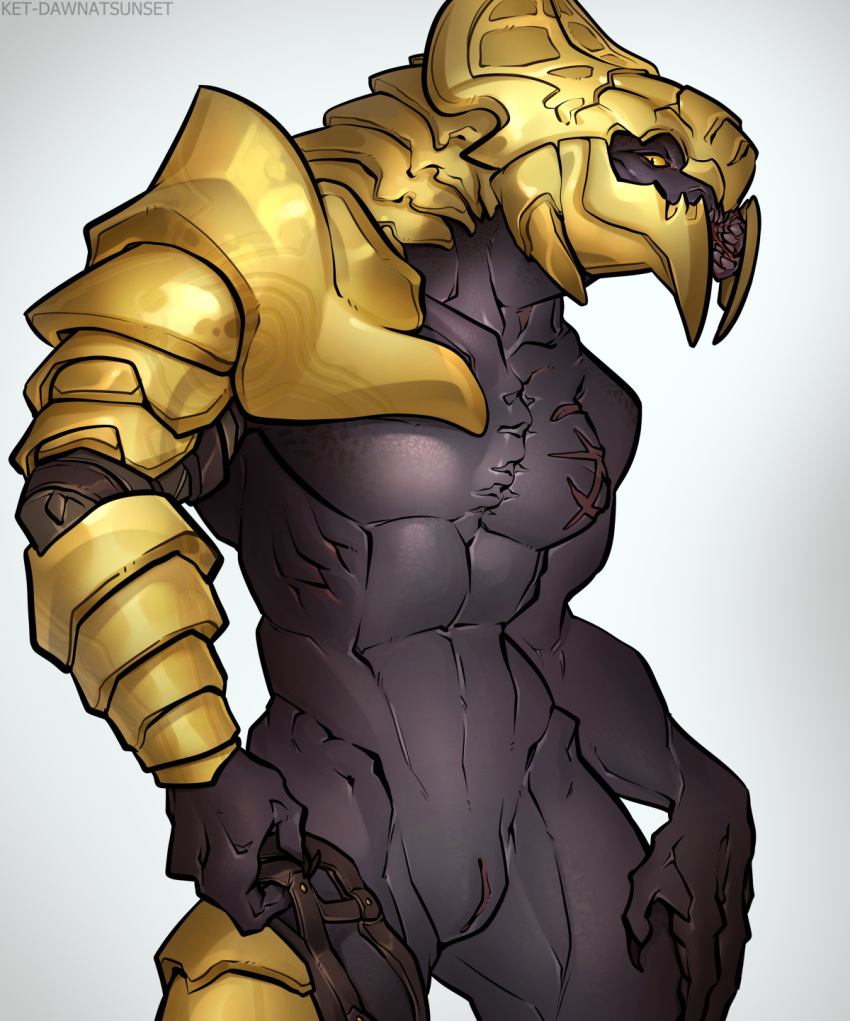 alien animal_genitalia arbiter_(halo) armor bottomwear claws clothing genital_slit genitals greaves grey_body grey_skin halo_(series) hand_on_leg headgear helmet hi_res ket-dawnatsunset leather male mandibles microsoft muscular muscular_male pauldron pinup pose presenting_slit pupils sangheili scar slit slit_pupils solo teeth thel_'vadam xbox_game_studios yellow_eyes