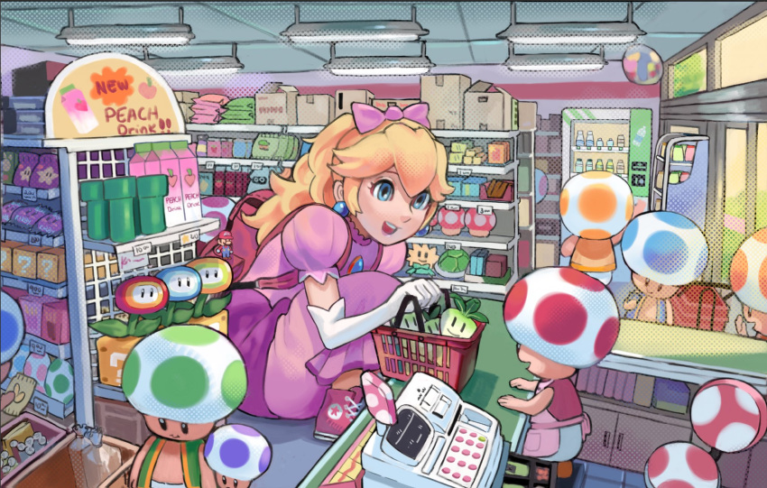 1girl 6+others ?_block backpack bag blonde_hair blue_toad_(mario) calilo cash_register character_charm charm_(object) dress fire_flower green_shell_(mario) green_toad_(mario) groceries highres ice_flower mario mario_(series) multiple_others mushroom pink_dress princess_peach red_toad_(mario) shoes shop smile sneakers squatting super_mushroom super_star_(mario) toad_(mario) warp_pipe yellow_toad_(mario)