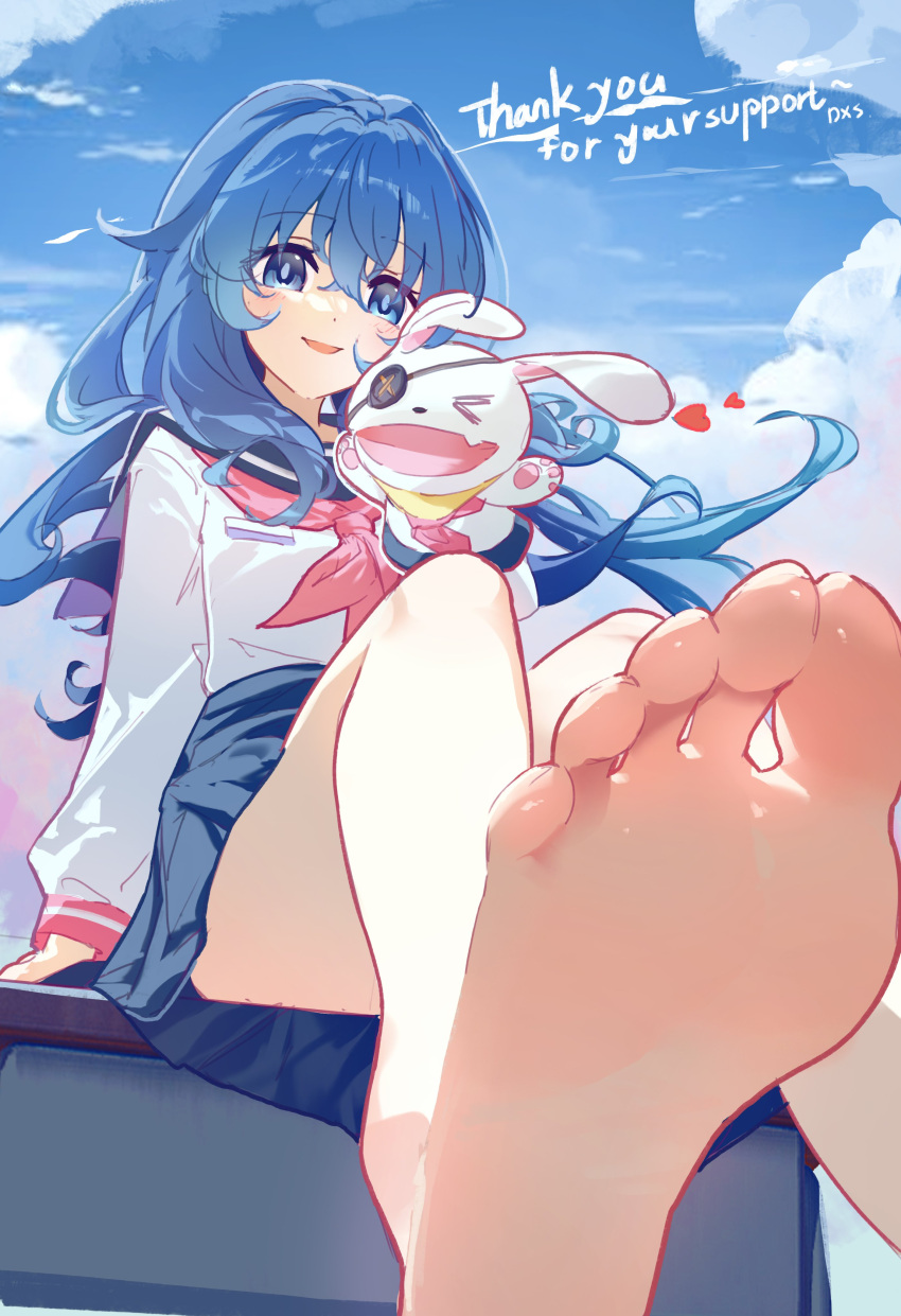 1girl absurdres barefoot blue_eyes blue_hair blue_skirt blue_sky cloud commentary_request date_a_live daxieshen_huashi english_commentary eyepatch feet foot_focus foreshortening hand_puppet highres long_hair long_sleeves mixed-language_commentary open_mouth outdoors puppet school_uniform sitting skirt sky yoshino_(date_a_live) yoshinon