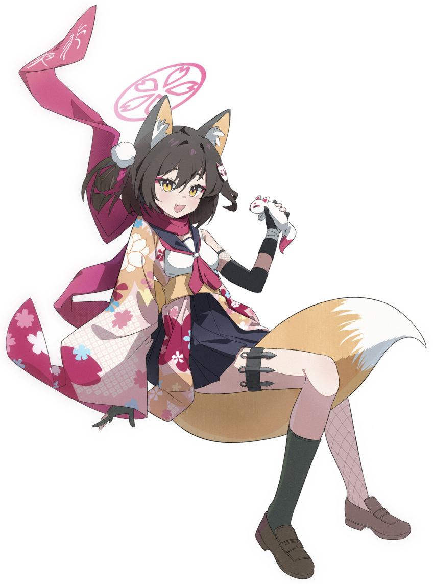 1girl absurdres animal_ears asymmetrical_sleeves black_gloves black_socks blue_archive blue_sailor_collar blue_skirt brown_footwear brown_hair commentary creature e_li_(77864296) floral_print_kimono fox_ears fox_girl fox_tail full_body gloves hadanugi_dousa hair_ornament halo hand_up highres holding holding_creature holster invisible_chair izuna_(blue_archive) kunai loafers long_sleeves looking_at_viewer neckerchief one_side_up open_mouth partially_fingerless_gloves pink_halo pink_scarf pleated_skirt pom_pom_(clothes) pom_pom_hair_ornament red_neckerchief sailor_collar scarf shoes short_hair simple_background single_fishnet_legwear sitting skirt smile socks solo symbol-only_commentary tail thigh_holster weapon white_background wide_sleeves yellow_eyes