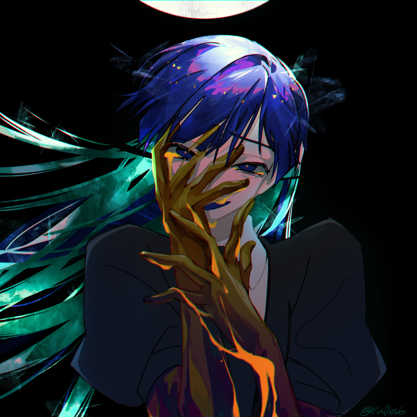 1other androgynous aqua_hair black_background black_necktie blue_eyes blue_hair crystal_hair floating_hair gem_uniform_(houseki_no_kuni) golden_arms hand_on_own_face hands_up highres houseki_no_kuni long_hair looking_at_viewer multicolored_hair necktie open_mouth other_focus phosphophyllite phosphophyllite_(ll) puffy_short_sleeves puffy_sleeves ru0m6 short_sleeves smile smirk solo spoilers twitter_username two-tone_hair upper_body