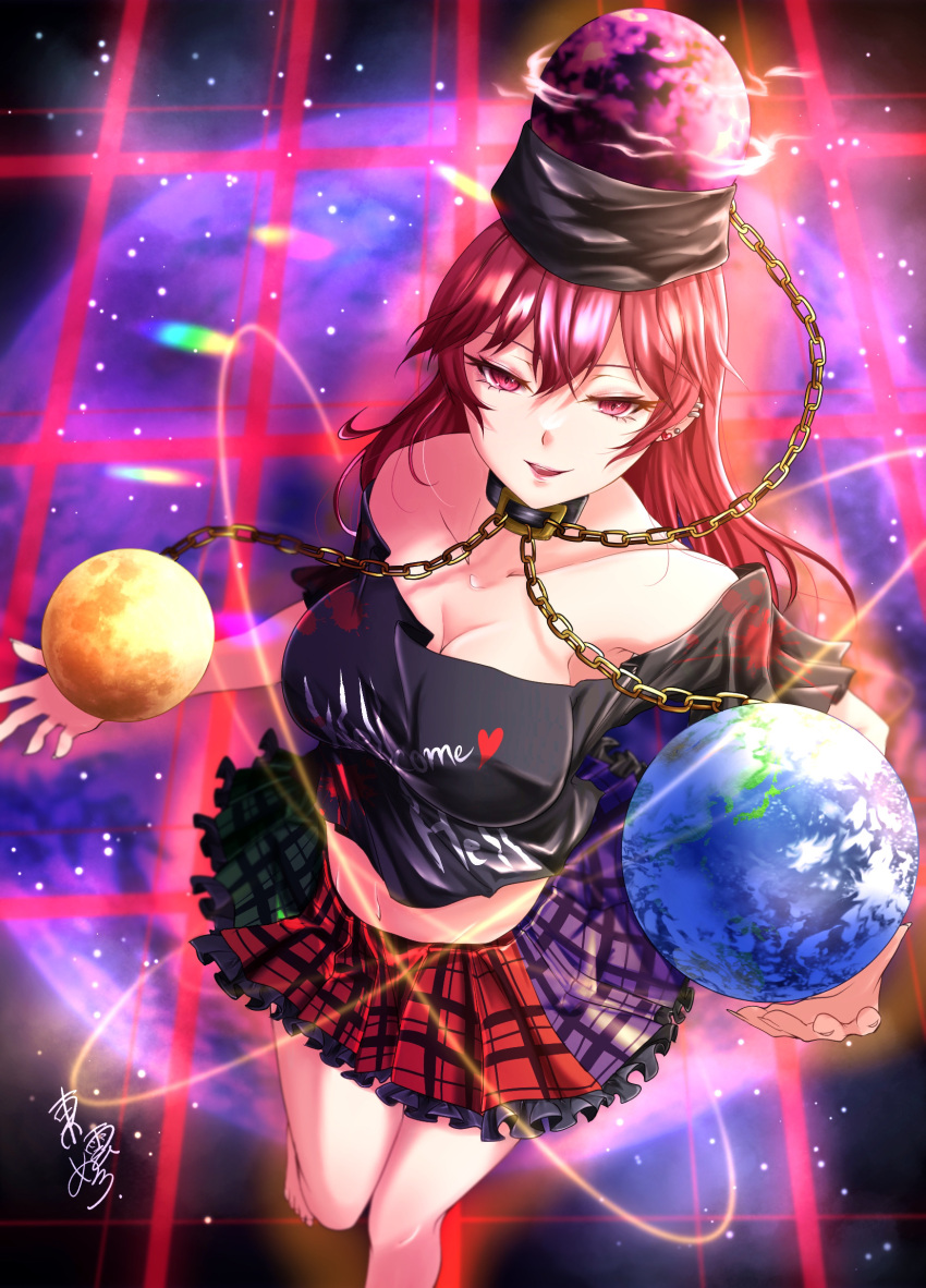 1girl artist_name bare_shoulders barefoot breasts clothes_writing collar earth_(ornament) frilled_skirt frills from_above hecatia_lapislazuli highres legacy_of_lunatic_kingdom midriff mononobe_kanako moon_(ornament) multicolored_clothes multicolored_skirt plaid plaid_skirt pleated_skirt red_eyes red_hair shirt skirt smile solo t-shirt touhou underworld_(ornament)
