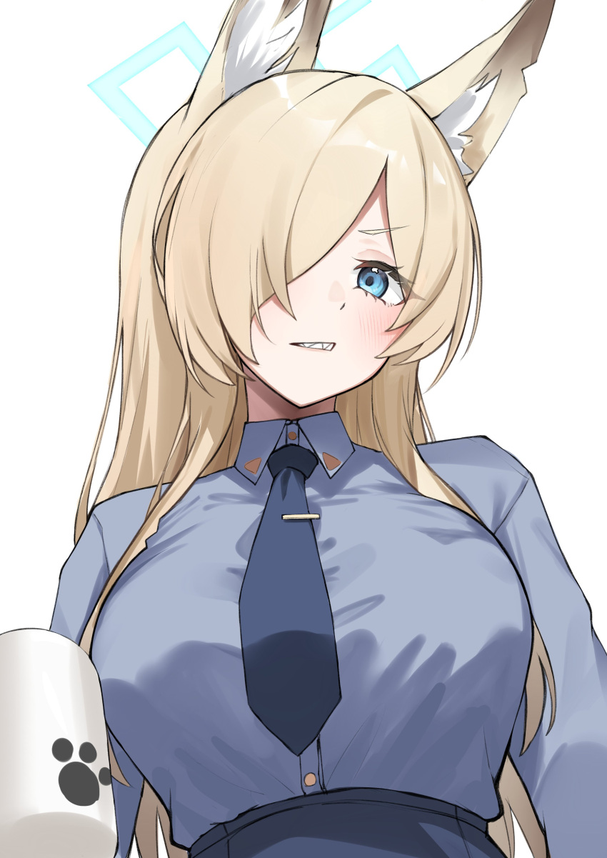 1girl absurdres animal_ear_fluff animal_ears blonde_hair blue_archive blue_eyes blue_halo blue_necktie blue_shirt blue_skirt breasts collared_shirt cup dog_ears dog_girl hair_over_one_eye halo highres holding holding_cup kanna_(blue_archive) large_breasts long_hair looking_at_viewer mug necktie nemun_(tamizzz) parted_bangs paw_print police police_uniform sharp_teeth shirt shirt_tucked_in simple_background skirt solo teeth uniform upper_body white_background