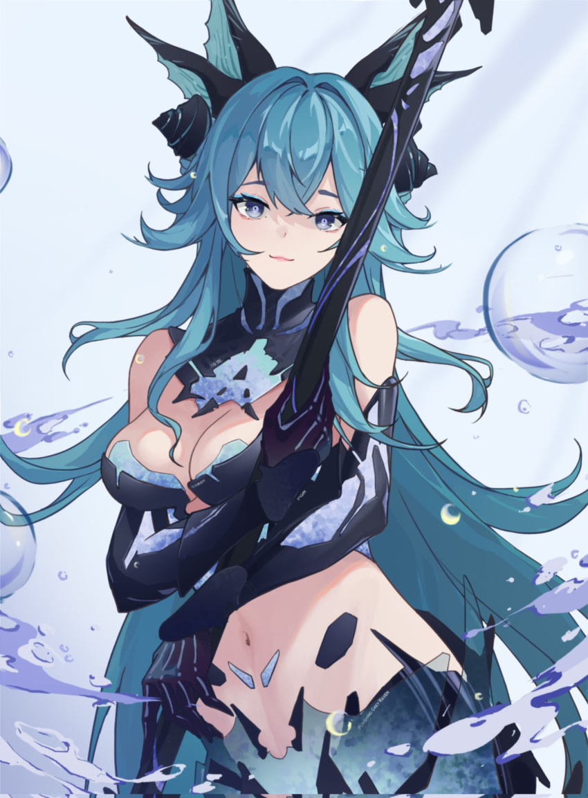 1girl adhesive_bra aqua_eyes aqua_hair black_bra black_collar bra closed_mouth collar crossed_bangs detached_collar fins head_fins highres holding holding_polearm holding_weapon khanclus lamia_(punishing:_gray_raven) long_hair looking_at_viewer mechanical_arms mermaid monster_girl navel polearm punishing:_gray_raven shell_hair_ornament sidelocks solo underwear water weapon