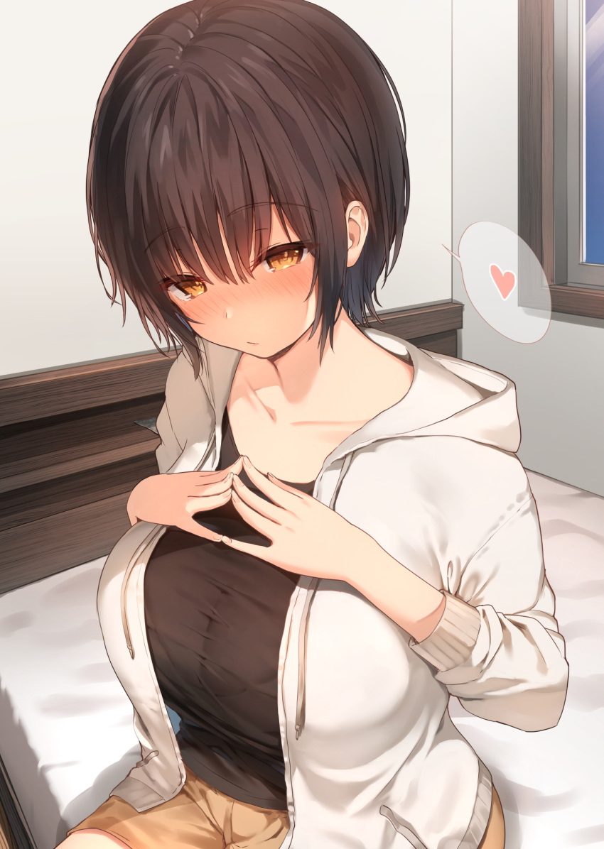 1girl bedroom black_shirt blush breasts brown_eyes brown_hair brown_shorts closed_mouth collarbone hair_between_eyes headboard heart highres hood hood_down hooded_jacket hoodie indoors jacket large_breasts long_sleeves open_clothes open_hoodie original shirt short_hair short_shorts shorts sitting solo speech_bubble spoken_heart steepled_fingers sune_(mugendai) window