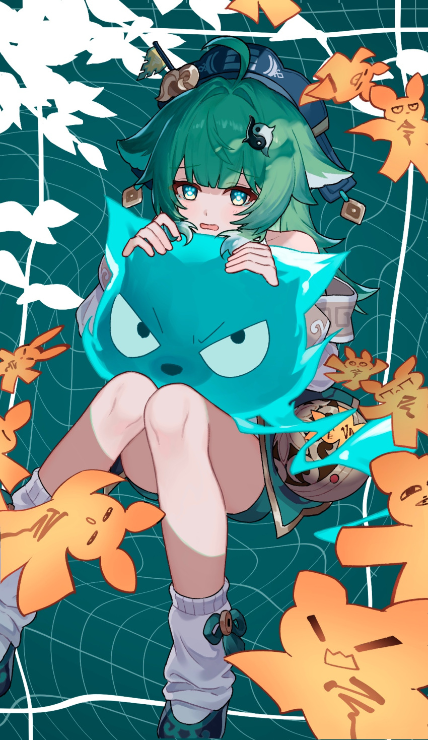 ahoge animal_ears bare_shoulders fox_ears fox_girl green_eyes green_hair hat hello20210907 highres holding honkai:_star_rail honkai_(series) huohuo_(honkai:_star_rail) long_hair looking_at_viewer open_mouth paw-shaped_pupils shorts socks solo tail_(honkai:_star_rail) white_socks yin_yang yin_yang_hair_ornament