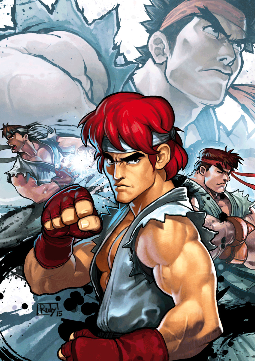 &gt;:( 4boys bare_arms black_eyes black_hair brown_hair clenched_hand darkdux dougi eyebrows eyes_closed fighting_stance fingerless_gloves gloves hadouken headband highres ink looking_afar looking_at_viewer looking_to_the_side male_focus manly multiple_boys multiple_persona muscle open_mouth pectorals red_gloves red_hair red_headband ryuu_(street_fighter) serious short_hair signature sleeveless street_fighter street_fighter_i street_fighter_iii_(series) street_fighter_zero_(series) torn_clothes white_headband