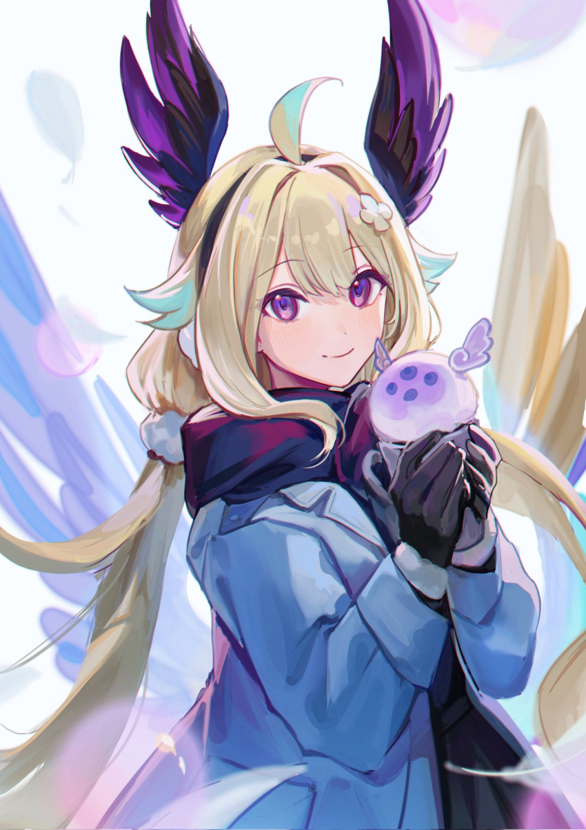 1girl ahoge aloupeep_(enna_alouette) blonde_hair blue_coat blush coat cup enna_alouette falling_feathers feathers flower food gloves hair_flower hair_ornament hashtag_only_commentary head_wings highres holding holding_cup light_smile long_hair looking_at_viewer low_twintails mimi18710 nijisanji nijisanji_en purple_eyes purple_scarf scarf solo twintails very_long_hair wings