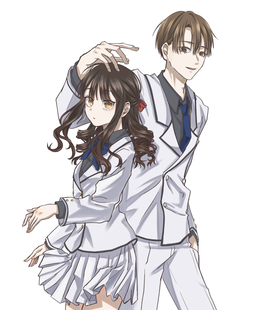 1boy 1girl absurdres blazer blue_bow blue_bowtie blue_necktie bow bowtie brown_eyes brown_hair buttons curly_hair double-breasted enjou_shuusuke grey_shirt hair_tie hand_in_pocket hand_on_another's_head highres jacket kenkyo_kenjitsu_wo_motto_ni_ikite_orimasu kisshouin_reika light_smile looking_at_another looking_at_viewer necktie pants pleated_skirt red_tie shirt simple_background skirt uma_(zoe-182420) white_background white_blazer white_pants white_skirt