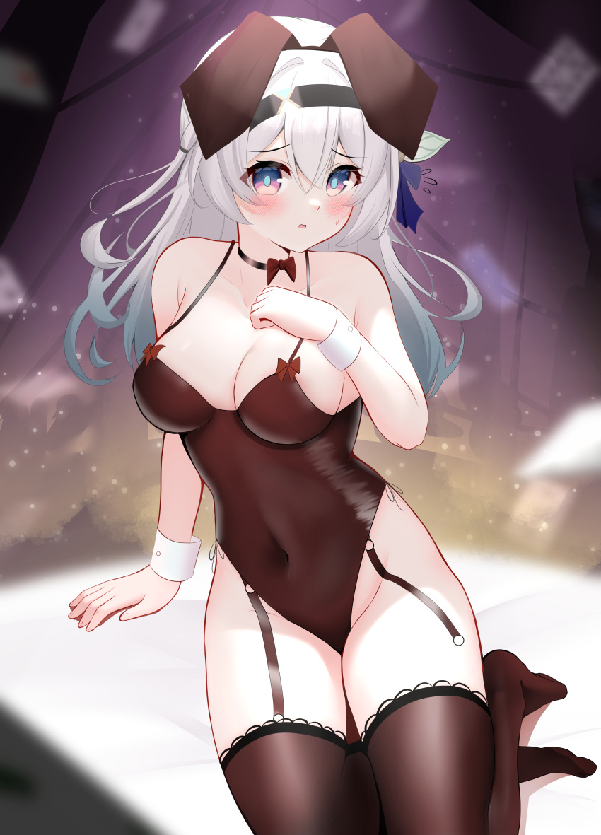 1girl absurdres animal_ears bare_shoulders black_choker black_hairband black_leotard black_thighhighs blue_eyes blue_hair blue_pupils bow bowtie breasts choker cleavage collarbone covered_navel fake_animal_ears firefly_(honkai:_star_rail) floppy_ears furrowed_brow garter_straps gradient_hair grey_hair hair_intakes hairband hand_on_own_chest highleg highleg_leotard highres honkai:_star_rail honkai_(series) knosdeba large_breasts leotard long_hair looking_at_viewer multicolored_hair pink_eyes playboy_bunny rabbit_ears red_bow red_bowtie sidelocks sitting solo thighhighs two-tone_eyes white_wrist_cuffs wrist_cuffs yokozuwari