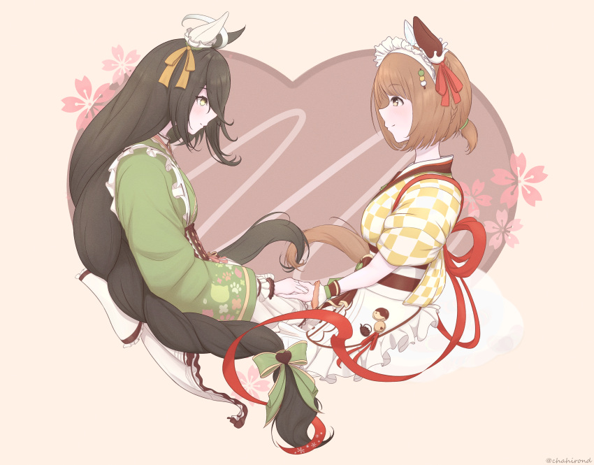 2girls absurdres animal_ears apron black_hair brown_eyes brown_hair chahiro ear_covers frilled_kimono frills from_side green_kimono hairband highres holding_hands horse_ears horse_girl horse_tail japanese_clothes kimono long_hair looking_at_another low_ponytail maid maid_apron maid_headdress manhattan_cafe_(umamusume) manhattan_cafe_(verdant_night)_(umamusume) multiple_girls official_alternate_costume official_alternate_hairstyle short_ponytail single_ear_cover smile tail twitter_username umamusume upper_body wa_maid white_hairband yellow_eyes yukino_bijin_(tea_girl_snow_girl)_(umamusume) yukino_bijin_(umamusume)