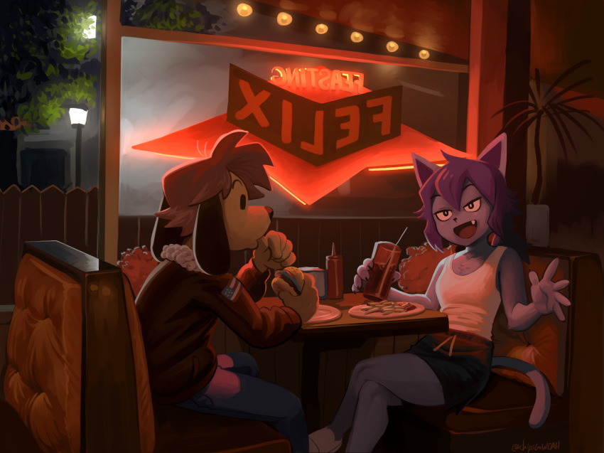 5_fingers anthro beverage biped burger canid canine canis chipsgowoah clothed clothing domestic_cat domestic_dog duo eyebrows felid feline felis female fingers floppy_ears food hair hi_res male mammal open_mouth open_smile plate smile tail