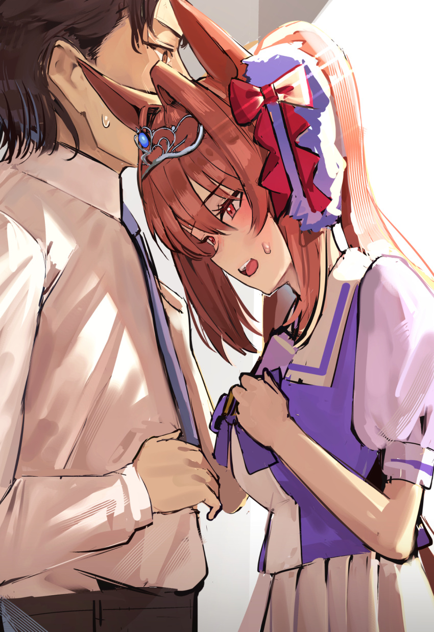 1boy 1girl animal_ears blue_necktie blush bow breasts brown_eyes brown_hair commentary_request daiwa_scarlet_(umamusume) hair_intakes highres horse_ears horse_girl long_hair medium_breasts necktie open_mouth puffy_short_sleeves puffy_sleeves purple_bow purple_shirt red_bow red_eyes red_hair school_uniform shirt short_sleeves skirt solokitsune summer_uniform sweat teeth tiara tracen_school_uniform trainer_(umamusume) twintails umamusume upper_body upper_teeth_only very_long_hair white_shirt white_skirt