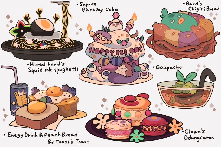 animal-themed_food astrosleep bee bee_and_puppycat bread bug cake can candle cat character_request commentary drinking_straw energy_drink english_commentary english_text extra_hands eyeball fire flower food food_focus fork fried_egg fruit fruit_punch_(drink) green_flower highres holding holding_ladle ladle macaron nest no_humans orange_flower pasta peach plate simple_background spaghetti sparkle star_(symbol) thumbs_up white_background white_flower