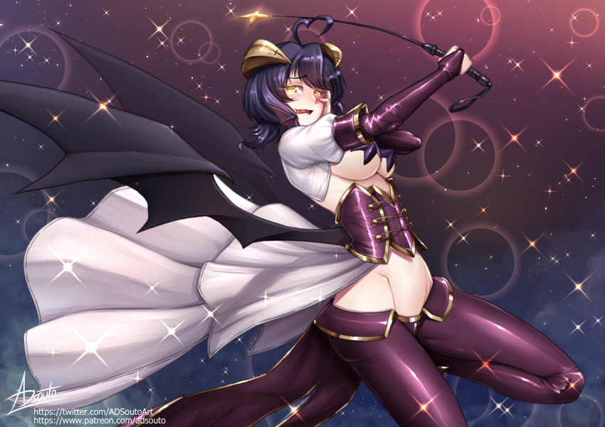1girl adsouto ahoge black_hair breasts bridal_gauntlets corset demon_wings elbow_gloves forward_facing_horns gloves glowing glowing_eyes hand_on_own_face heart heart_ahoge highres hiiragi_utena holding_riding_crop large_breasts looking_at_viewer low_wings lowleg lowleg_pants magia_baiser mahou_shoujo_ni_akogarete pants pasties riding_crop shrug_(clothing) signature solo star_pasties tongue tongue_out waist_cape wings yellow_eyes