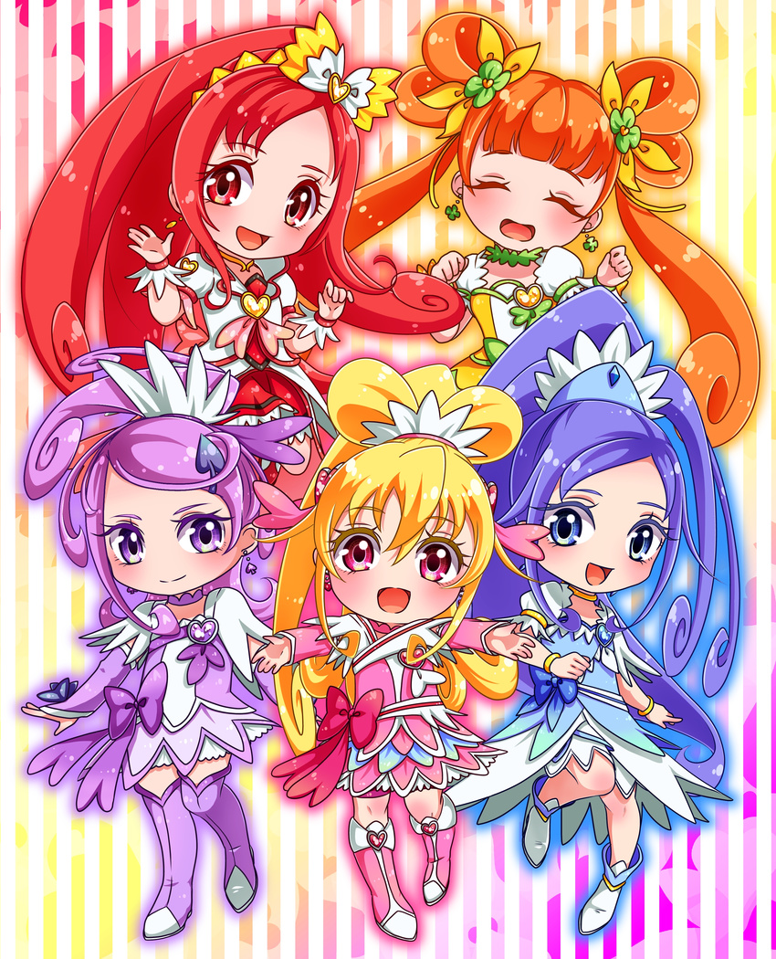 absurdres aida_mana blonde_hair blue_bow blue_eyes blue_hair boots bow chibi choker closed_eyes cure_ace cure_diamond cure_heart cure_rosetta cure_sword dokidoki!_precure earrings green_choker hair_ornament hair_ribbon heart highres hishikawa_rikka jewelry kenzaki_makoto madoka_aguri magical_girl multiple_girls orange_hair pink_bow pink_eyes pink_footwear pink_sleeves ponytail precure purple_choker purple_eyes purple_footwear purple_hair purple_skirt red_eyes red_hair red_skirt ribbon skirt spade_(shape) spade_hair_ornament twintails yotsuba_alice yupiteru