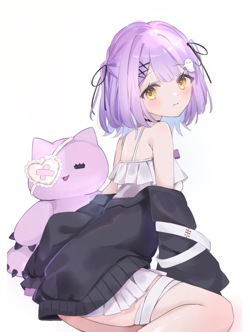 1girl absurdres bandaged_leg bandages black_cardigan black_ribbon blue_hair blush cardigan closed_mouth colored_inner_hair dot_nose feet_out_of_frame from_side hair_ribbon highres iris_black_games long_bangs looking_at_viewer multicolored_hair off_shoulder purple_hair ribbon shinomiya_runa shirt short_hair sidelocks sitting skindentation sleeveless sleeveless_shirt solo stuffed_animal stuffed_toy teddy_bear thighs uyuwu3 virtual_youtuber vspo! white_shirt yellow_eyes