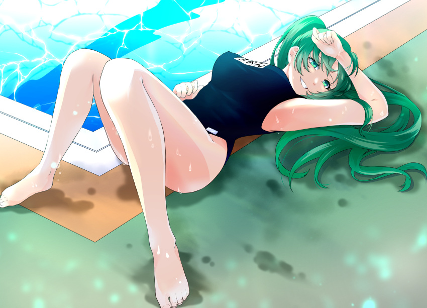 1girl absurdres arm_above_head arm_up bare_arms barefoot black_one-piece_swimsuit breasts green_eyes green_hair grin hair_over_face head_tilt high_ponytail highleg highleg_swimsuit highres higurashi_no_naku_koro_ni knees_up large_breasts long_hair looking_at_viewer lying mirukixtotoko name_tag on_back one-piece_swimsuit open_mouth parted_bangs ponytail pool poolside school_swimsuit sidelocks smile solo sonozaki_mion swimsuit water wet wet_clothes wet_floor wet_hair wet_swimsuit