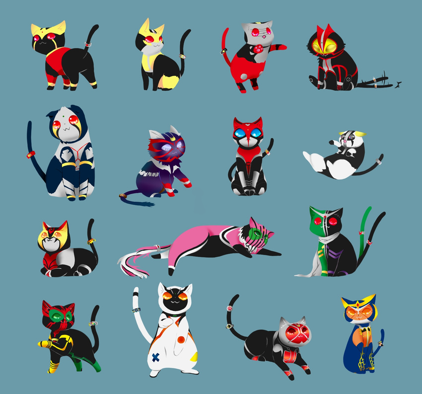 :&lt; animalization antennae blue_eyes cat green_eyes grey_eyes highres jewelry kamen_rider kamen_rider_555 kamen_rider_agito kamen_rider_agito_(series) kamen_rider_blade kamen_rider_blade_(series) kamen_rider_dcd kamen_rider_decade kamen_rider_den-o kamen_rider_den-o_(series) kamen_rider_double kamen_rider_faiz kamen_rider_fourze kamen_rider_fourze_(series) kamen_rider_gaim kamen_rider_gaim_(series) kamen_rider_hibiki kamen_rider_hibiki_(series) kamen_rider_kabuto kamen_rider_kabuto_(series) kamen_rider_kiva kamen_rider_kiva_(series) kamen_rider_kuuga kamen_rider_kuuga_(series) kamen_rider_ooo kamen_rider_ooo_(series) kamen_rider_ryuki kamen_rider_ryuki_(series) kamen_rider_w kamen_rider_wizard kamen_rider_wizard_(series) looking_back lying multiple_tails nakkokawaii nekomata no_humans orange_eyes red_eyes ring scarf sitting tail tail_ring yellow_eyes