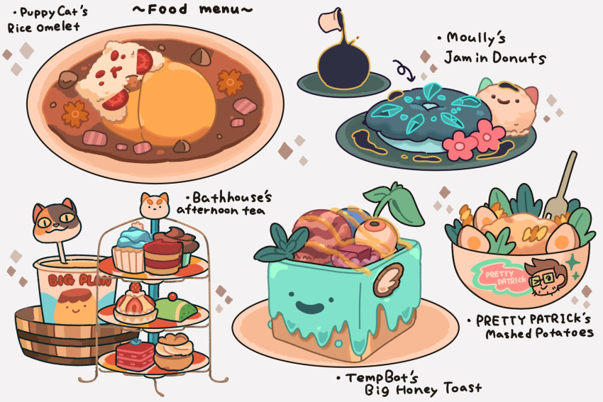 animal-themed_food arrow_(symbol) astrosleep bee_and_puppycat cat commentary cupcake dessert doughnut english_commentary eyeball flower food food_focus food_request hardboiled_egg highres ice_cream mashed_potatoes no_humans omelet omurice pink_flower pouring pretty_patrick pudding simple_background sparkle tempbot white_background