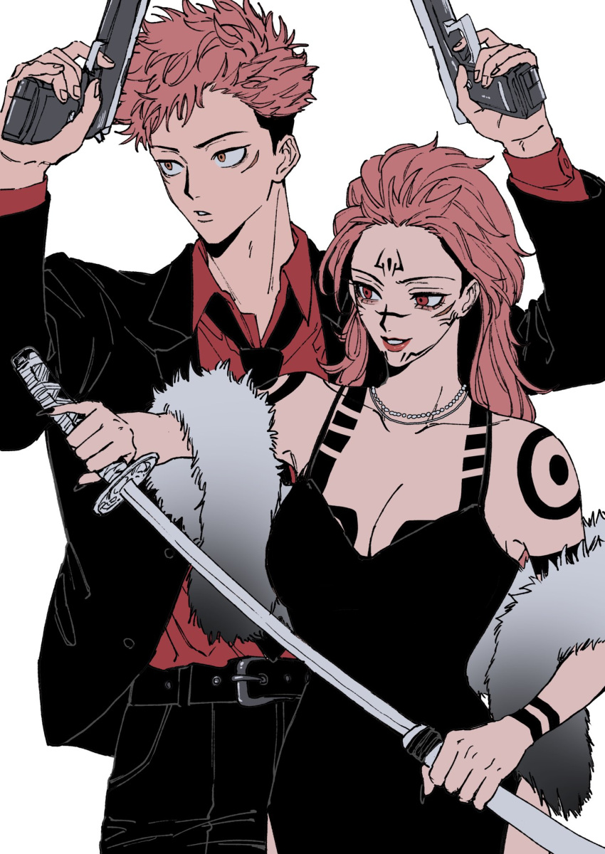 1boy 1girl arm_tattoo breasts commentary_request facial_tattoo genderswap genderswap_(mtf) gun handgun highres holding holding_weapon itadori_yuuji jujutsu_kaisen katana long_hair mesuki_peropero red_eyes red_hair ryoumen_sukuna_(jujutsu_kaisen) simple_background sword tagme tattoo weapon white_background