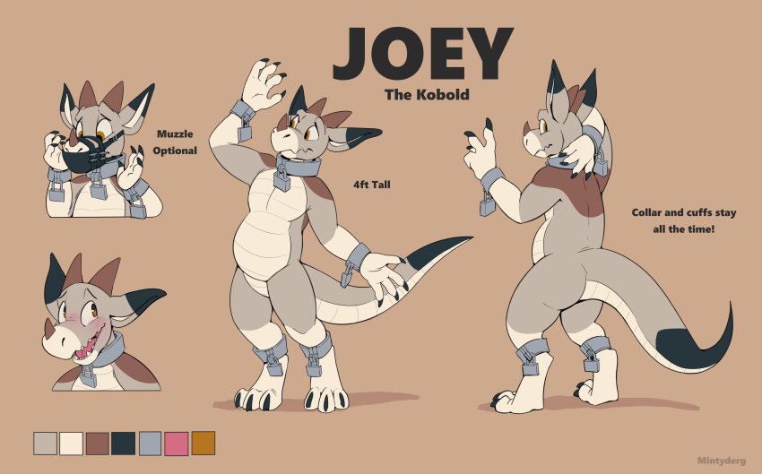 4_fingers absurd_res biped blush claws collar countershade_tail countershade_torso countershading english_text fingers grey_body hi_res horn joey_(joeybuckaroo) kobold mintyderg model_sheet muzzle_(object) muzzled open_mouth scalie tail text