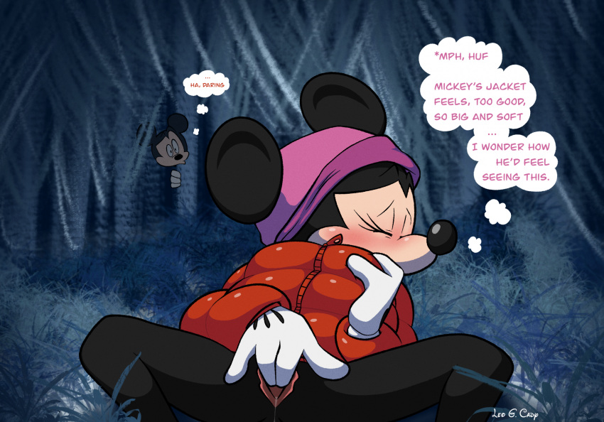 anthro being_watched black_body blush bodily_fluids bottomless bottomless_female clothed clothing coat dialogue digital_media_(artwork) disney duo female fingering fur genital_fluids genitals gloves handwear hat headgear headwear hi_res jacket leogcady looking_at_another male male/female mammal masturbation mickey_mouse minnie_mouse mouse murid murine rodent text thought_bubble topwear vaginal vaginal_fingering vaginal_fluids