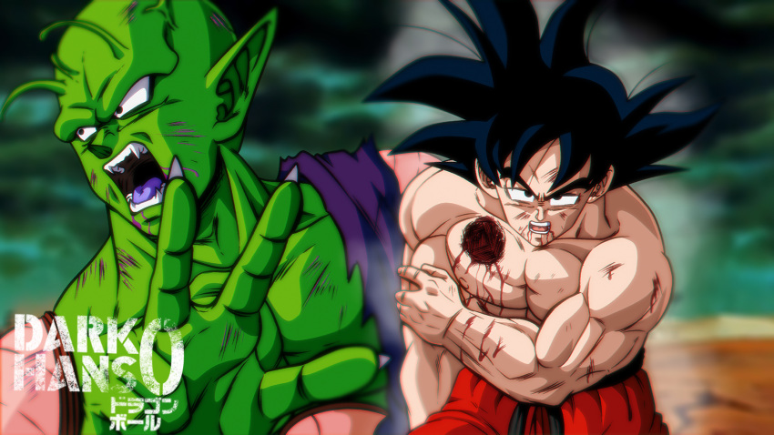 2boys antennae black_eyes black_hair blood blood_from_mouth commentary darkhans0 deep_wound dragon_ball dragon_ball_(classic) english_commentary fangs half-closed_eyes highres injury male_focus multiple_boys muscular open_mouth orange_pants pants piccolo pointy_ears son_goku topless_male