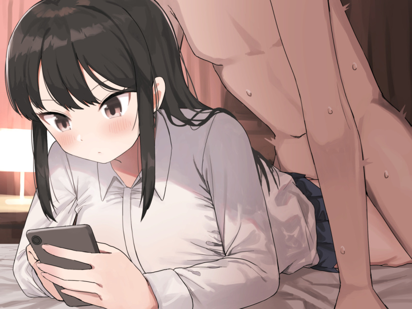 1boy 1girl black_hair brown_eyes cellphone clothed_female_nude_male head_out_of_frame hetero holding holding_phone indoors lamp long_hair long_sleeves multitasking niizuka_(c-drop) nude on_bed original phone prone_bone sex shirt sidelocks sweat white_shirt