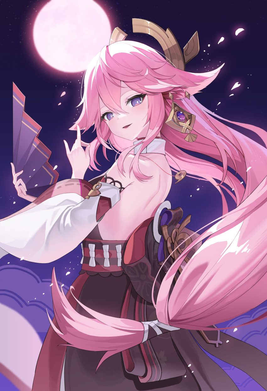 1girl absurdres animal_ears bare_back bare_shoulders commentary_request detached_sleeves earrings floppy_ears fox_ears genshin_impact hand_fan highres holding holding_fan hyoin japanese_clothes jewelry long_hair looking_at_viewer moon nontraditional_miko parted_lips pink_hair purple_eyes smile solo upper_body wide_sleeves yae_miko